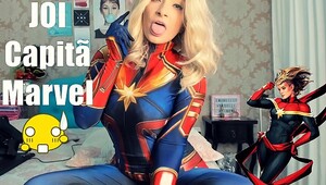Joi Portugues Cosplay Capita Marvel SEX MACHINE, doing Blowjob Deep throat Cumming on breasts and Cumming on ass AMAZING JOI