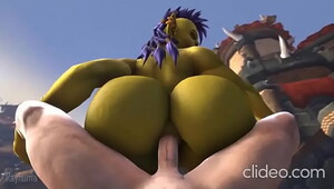 Thick female orc rides human cock