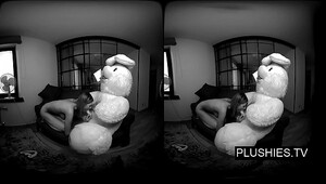 3D VR porn video, Lucy K sucking and jerking off teddy bear and receiving cum on tits